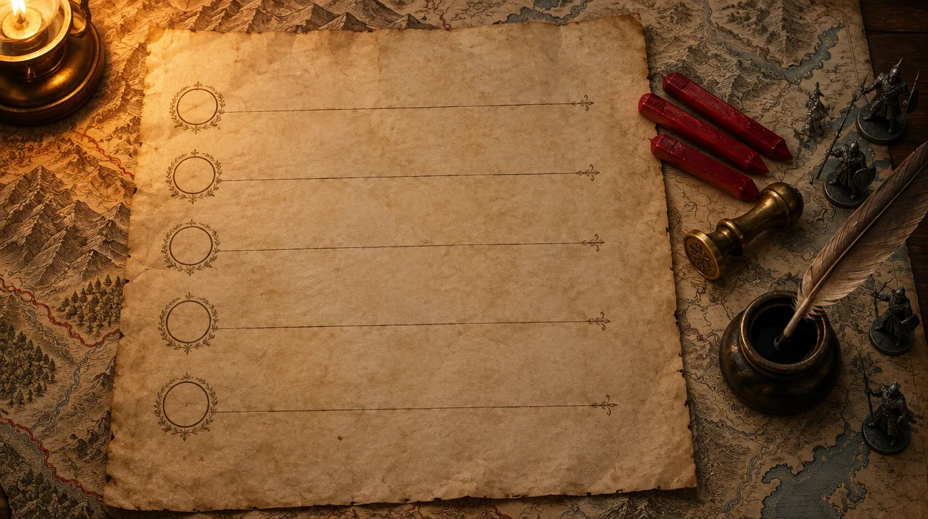 A blank treaty sheet on the map table with five ruled lines, each starting with an empty circle for a seal, red wax sticks and a quill beside it