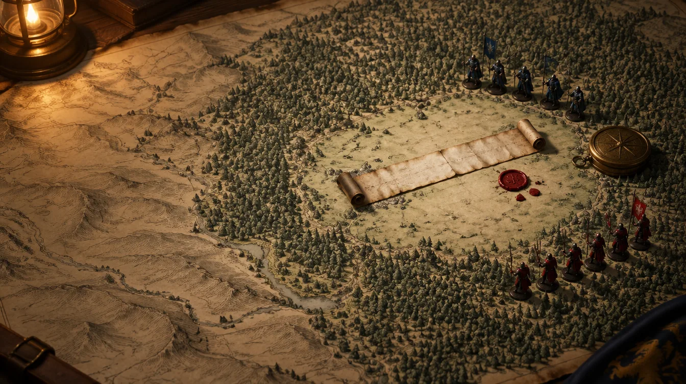 A contour map of dense forest with a clearing where a long treaty lies unrolled beside a broken red wax seal, lead soldiers of both armies waiting at the treeline