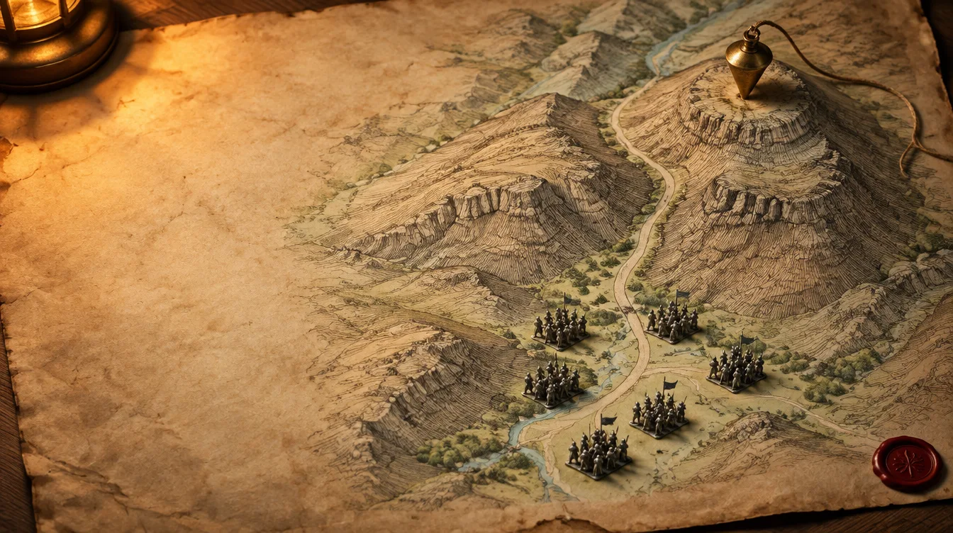 A contour map of steep hachured hills with a road winding between them, five clusters of lead soldiers gathered at the foot and a brass plumb bob on one summit