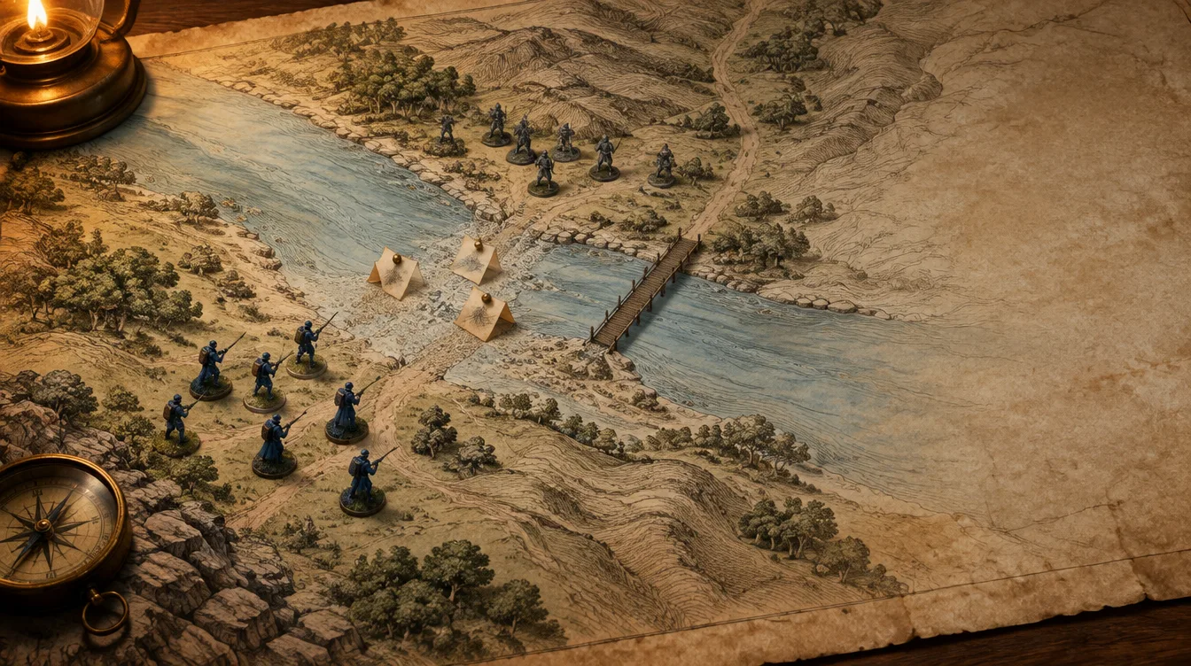 A contour map of a wide river with a ford and a wooden bridge, navy lead soldiers on the near bank and three folded slips of parchment pinned beside the ford