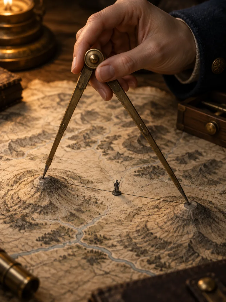 A hand in a navy cuff measures between two hilltops on the map with brass dividers
