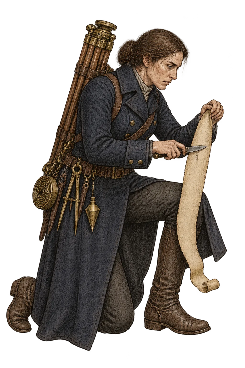 Captain Elin Rask kneeling, scraping a line off a hanging parchment with a small knife