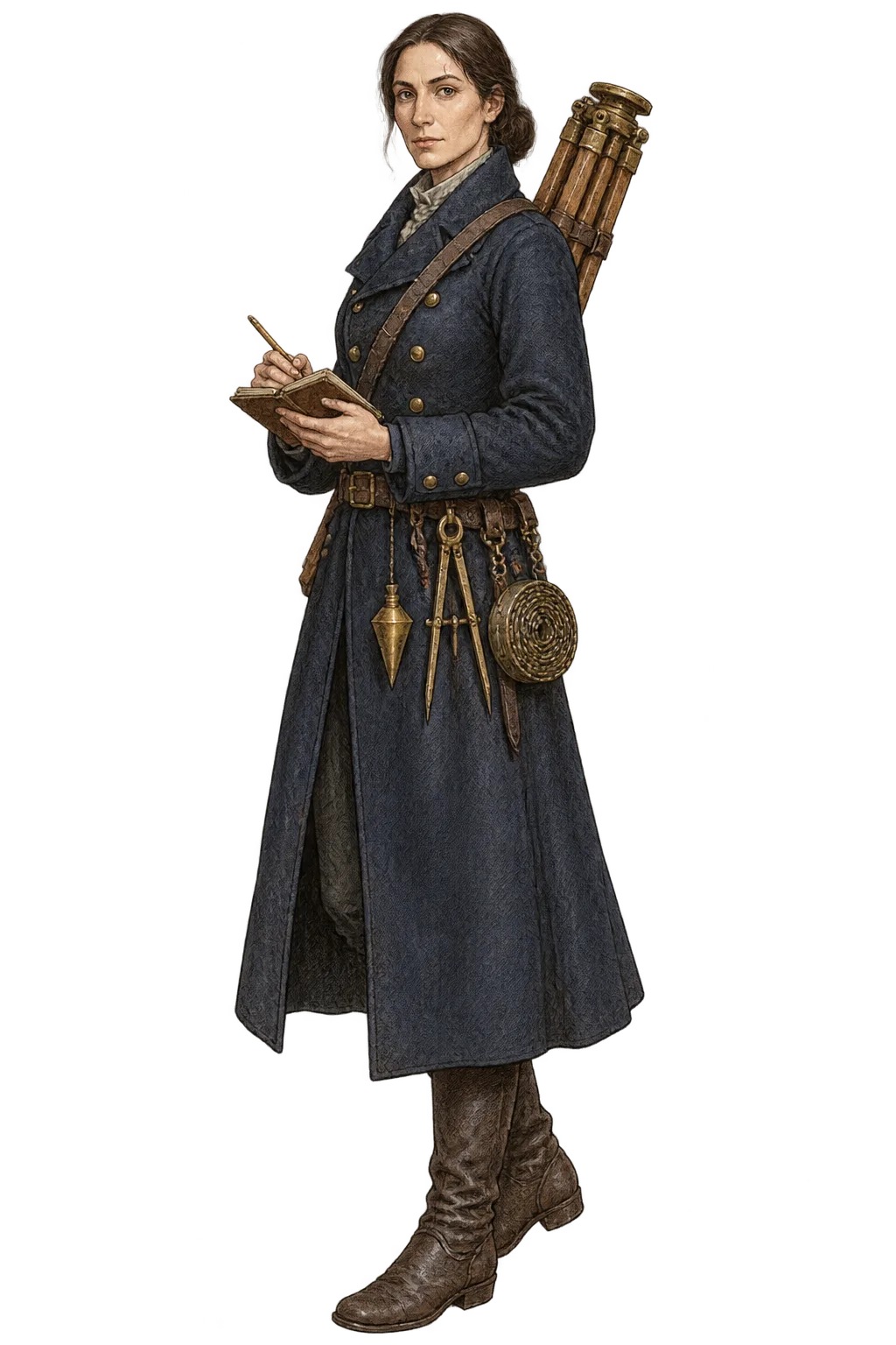 Captain Elin Rask in a long navy greatcoat with surveying tools on her belt and a wooden tripod on her back, writing in a field book