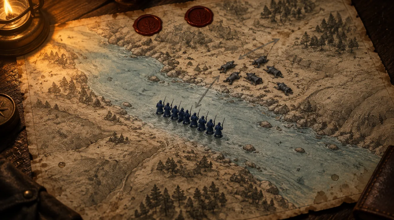 Wether Ford after the battle: navy lead soldiers hold the water in the rain while grey pieces lie on the far bank