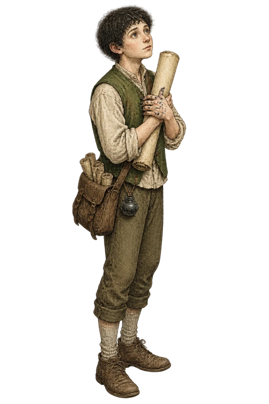 Pel Dyer, a slight young scribe in an olive waistcoat, hugging a rolled parchment