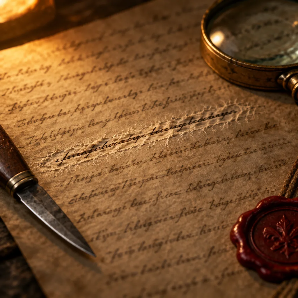 Close-up of a treaty page where one line of handwriting has been scraped with a knife and rewritten in darker ink
