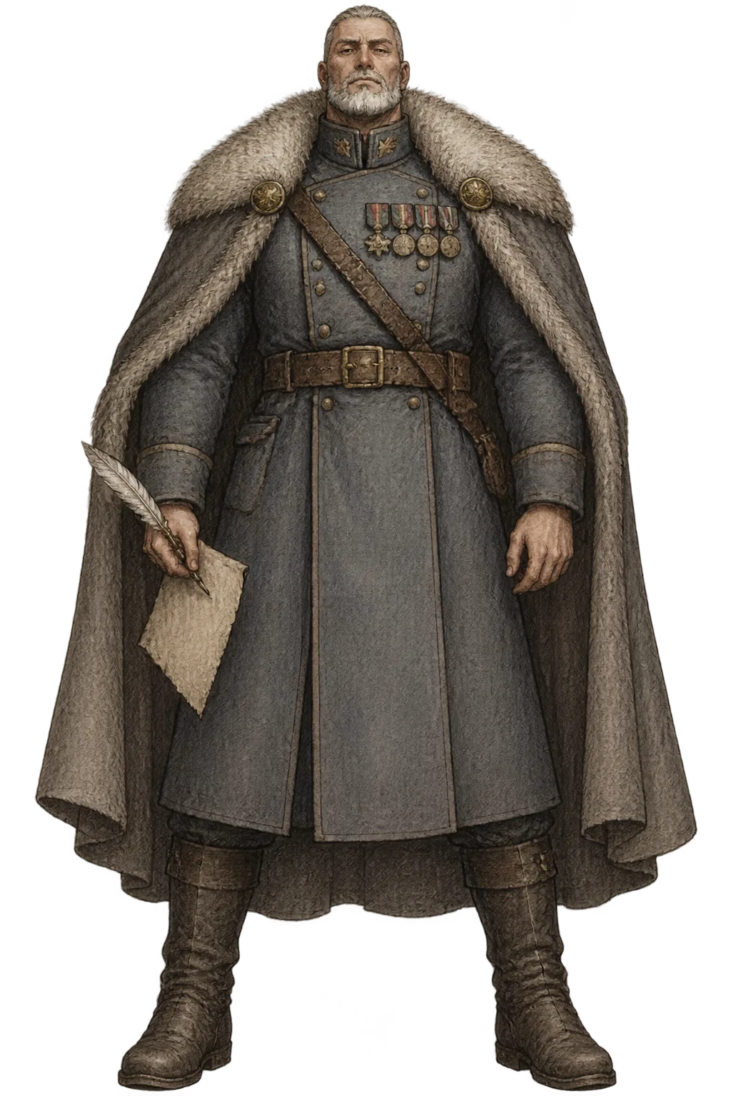 Marshal Odo Vance, a broad grey-bearded commander in a slate coat with tarnished medals and a fur cloak, holding a quill and a sheet of parchment